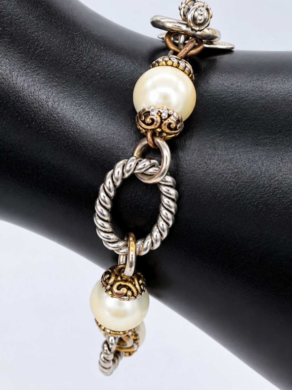 Premier Designs Pearl Mixed Metal Toggle Bracelet Silver Gold Tone
